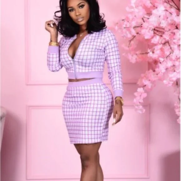 Purple plaid skirt set deals